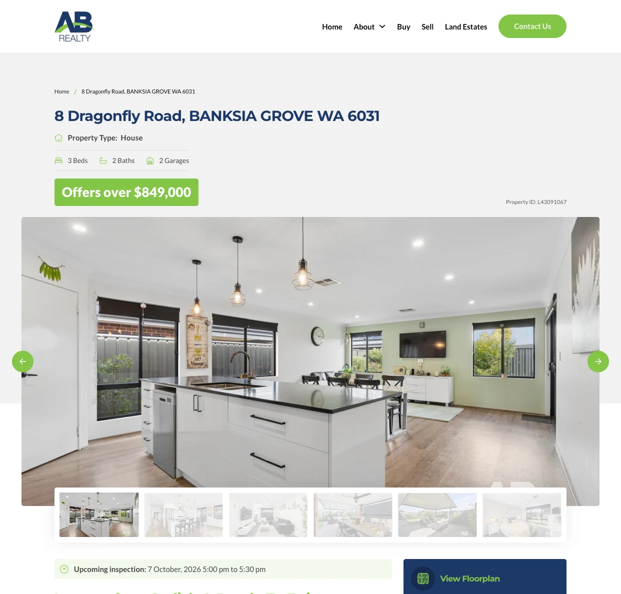 AB Realty property page for 8 Dragonfly Road, Banksia Grove, with a photo gallery