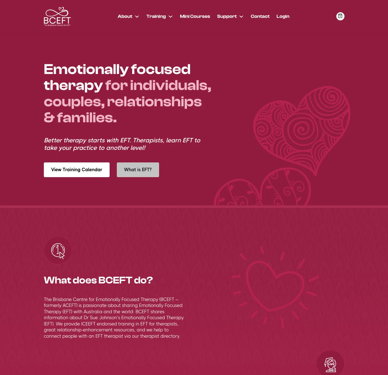 The Brisbane Centre for EFT homepage, with patterned hearts on a deep red background