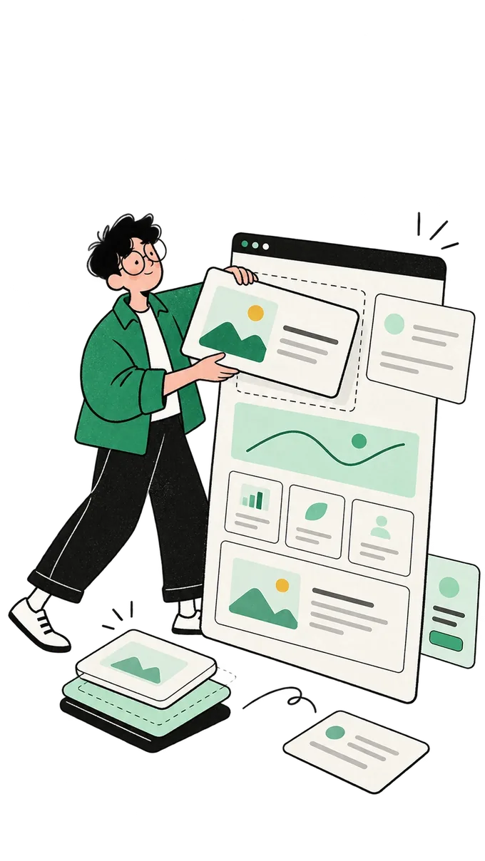 Illustration: a designer slots a content card into a large website layout, with more cards stacked ready to go.