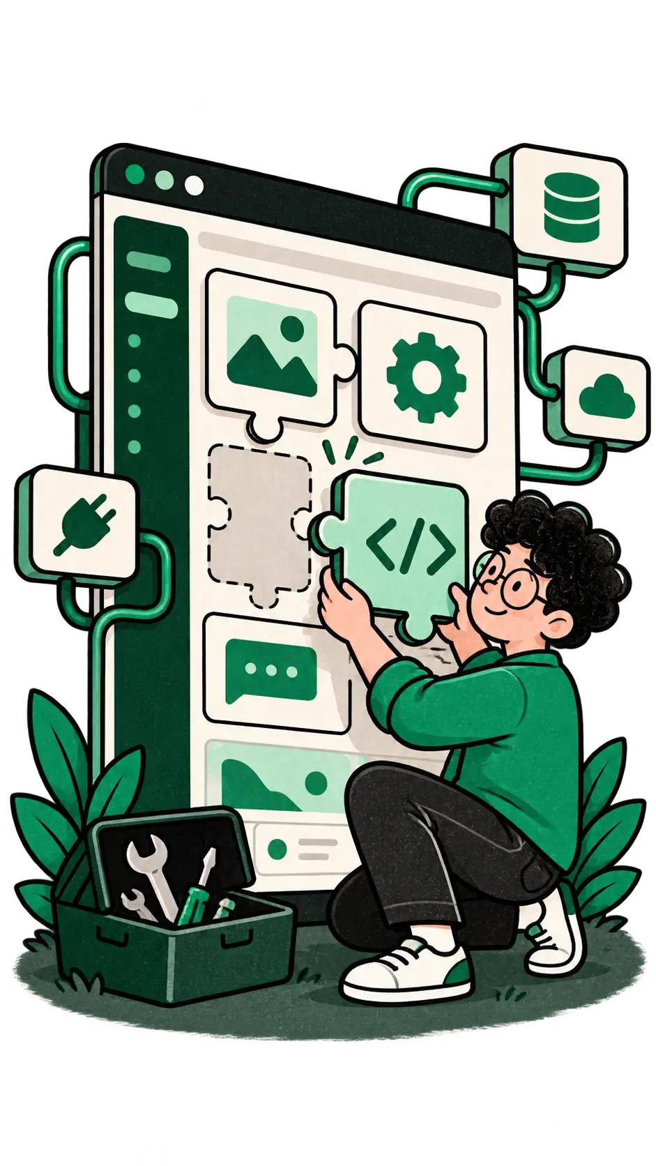 Illustration: a developer fits a custom code piece into a website like a jigsaw, with the site connected to a database, cloud and plugin around it.