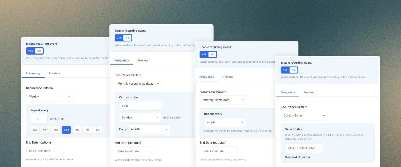 Lista Recurring Events recurrence settings panels
