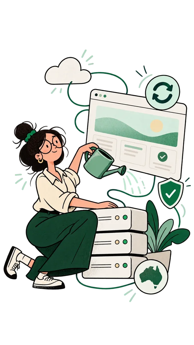 Illustration: a woman waters a website from a watering can while resting on a stack of servers, with update, security and Australia badges around her.