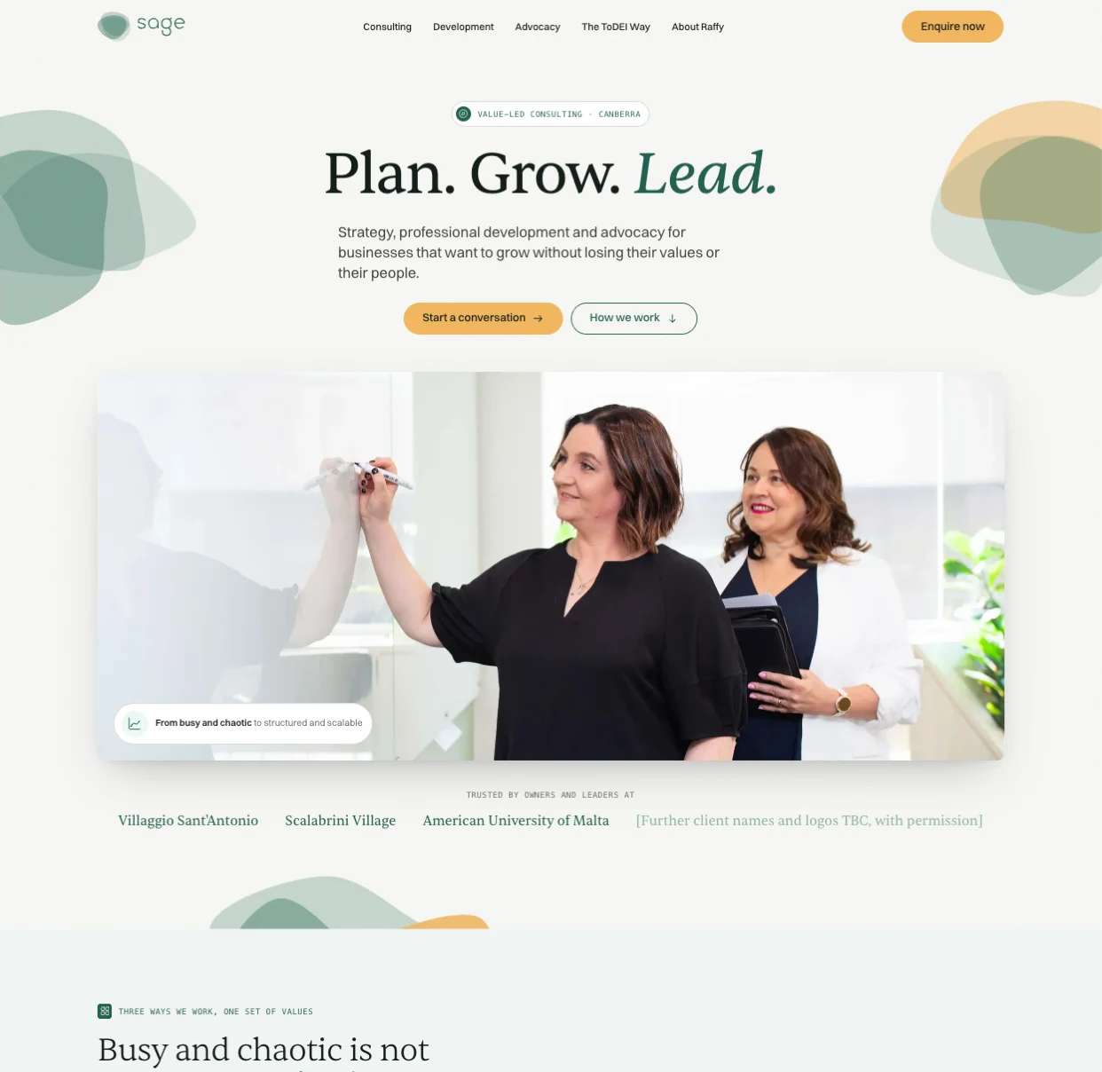 Sage homepage: Plan. Grow. Lead., with two consultants at a whiteboard