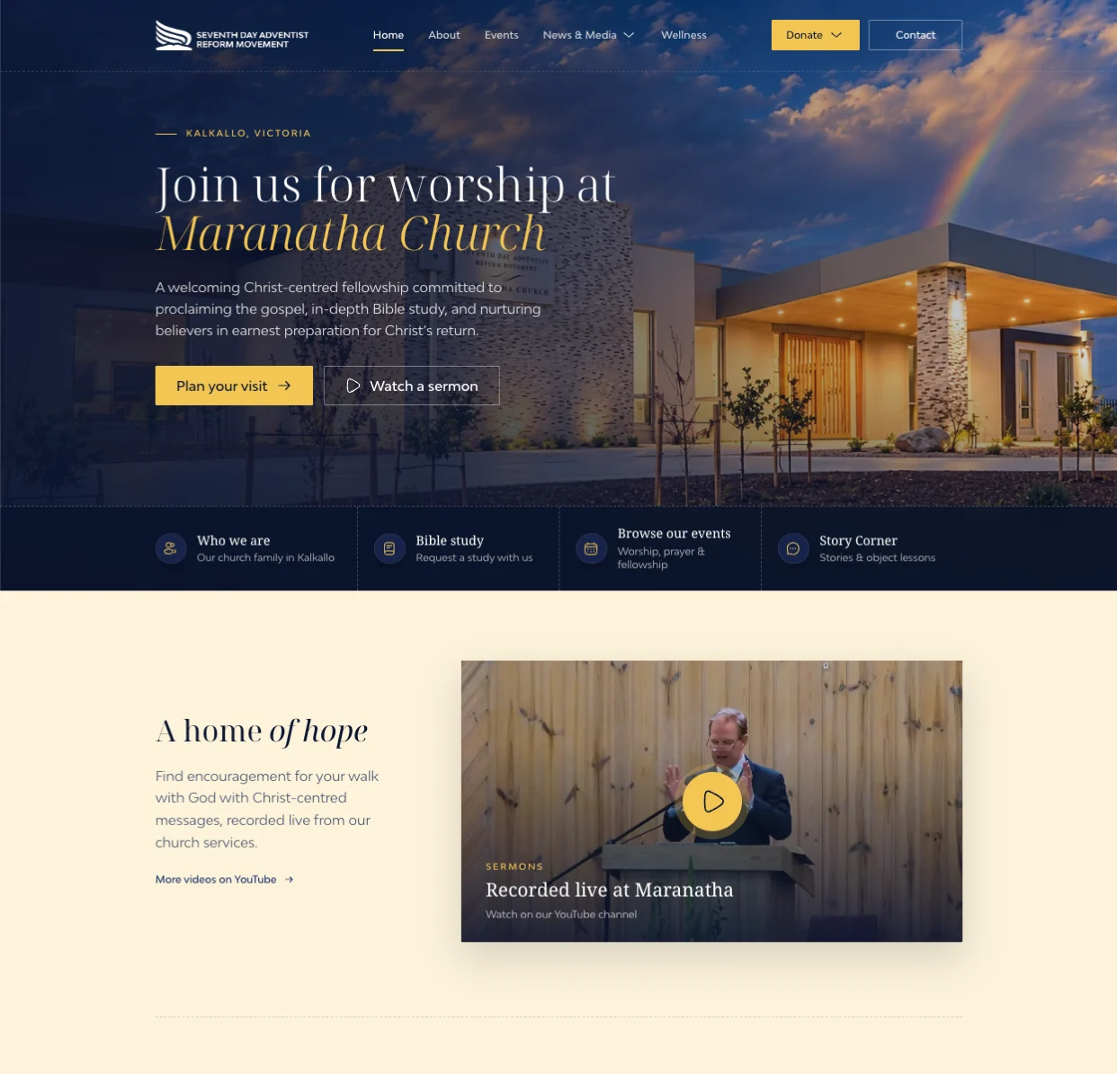 Maranatha Church homepage, with the church building under a rainbow at dusk