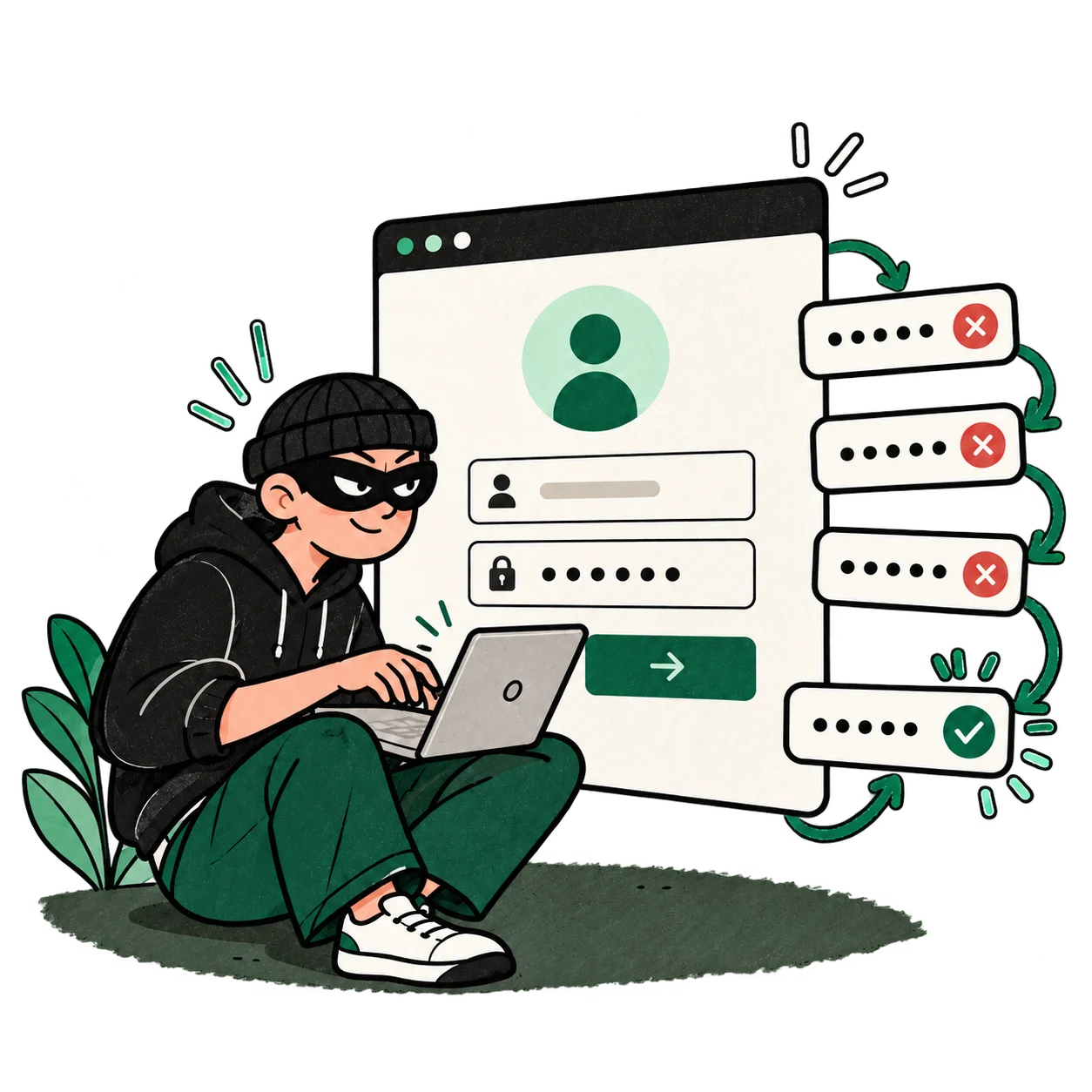 A masked figure on a laptop tries password after password on a website’s sign-in page until one works.