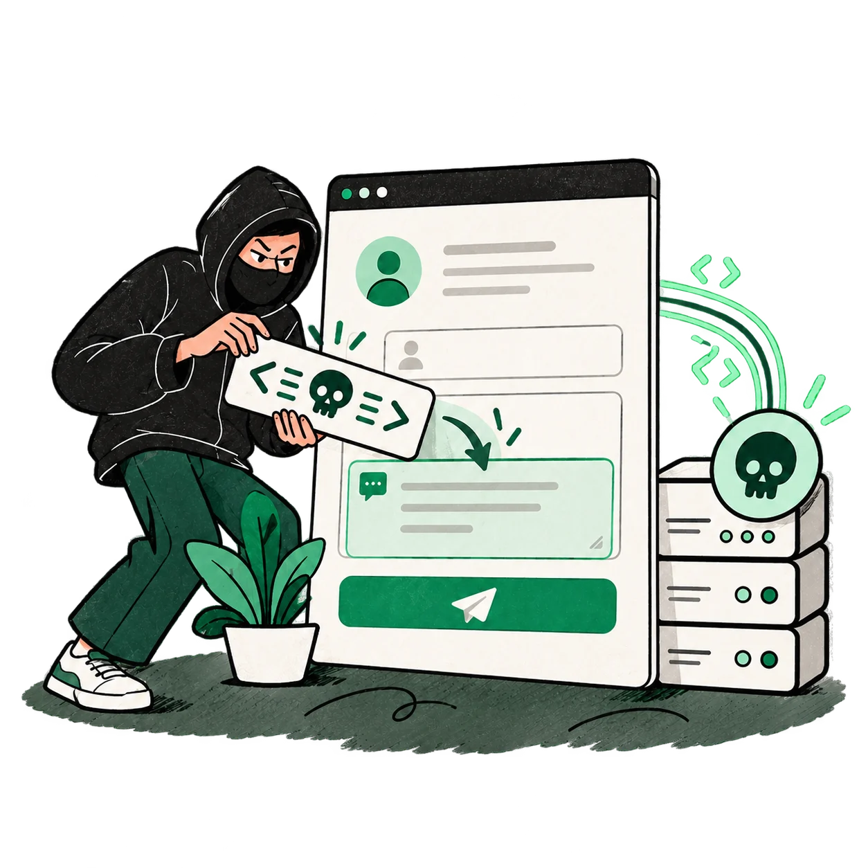 A hooded figure slips a card of harmful code into a website’s contact form, and it travels on to the server.