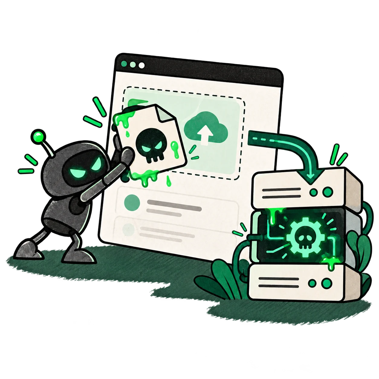 A robot pushes a harmful file into a website’s upload box, and it ends up running inside the server.