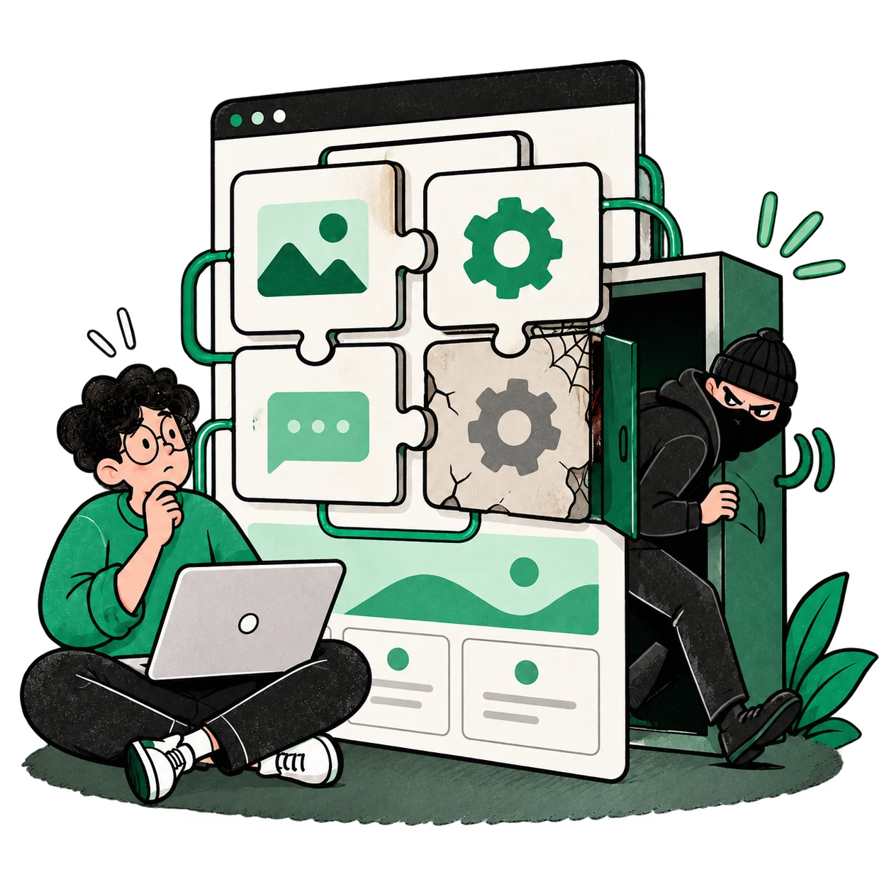 A website made of plugin pieces, one of them old and cracked, while an intruder slips in through a door behind it.