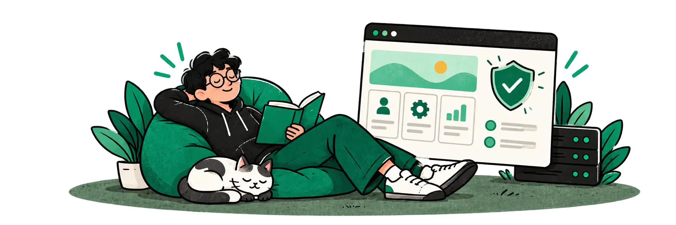 Illustration: someone relaxes in a beanbag with a book and a sleeping cat, while their website and server run behind them under a security tick.