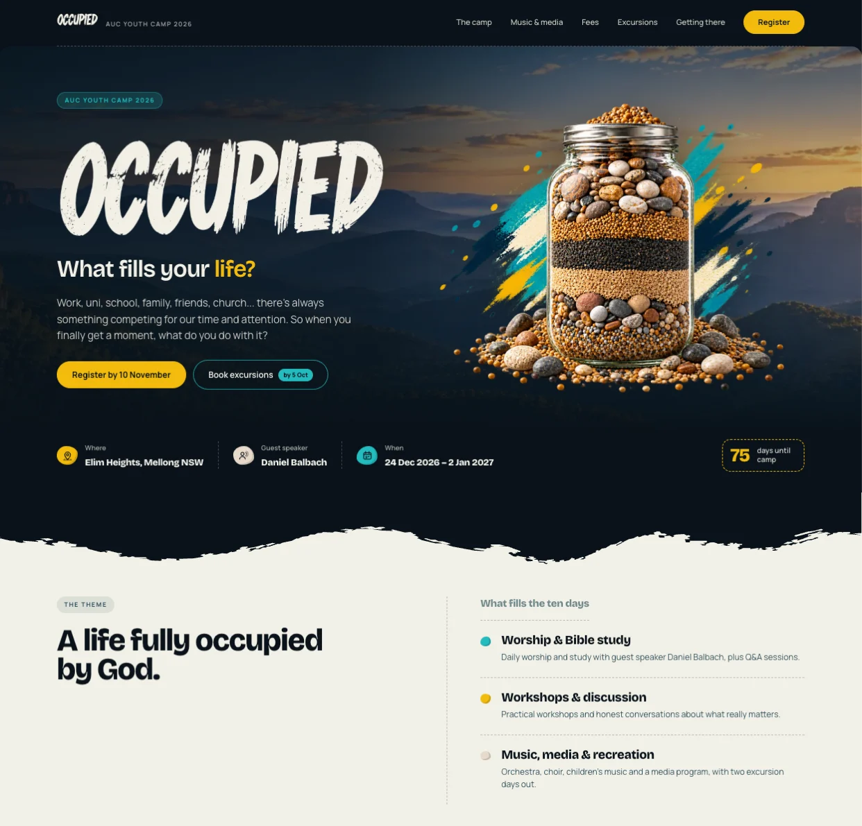 Occupied youth camp homepage, with a jar of layered stones in front of a mountain sunset