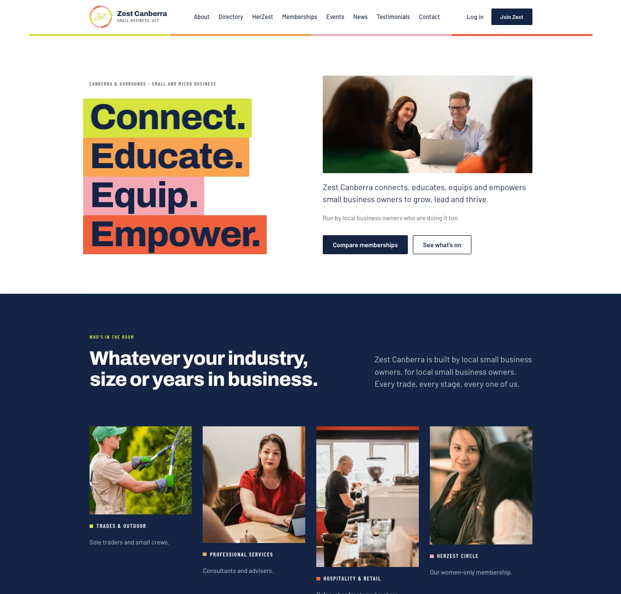 Zest Canberra homepage: Connect. Educate. Equip. Empower.