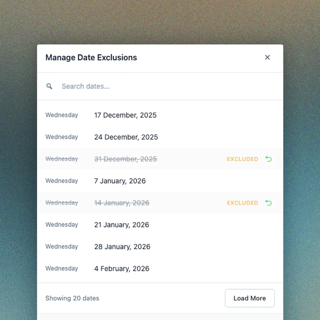 Recurring events exclusion modal in wordpress plugin