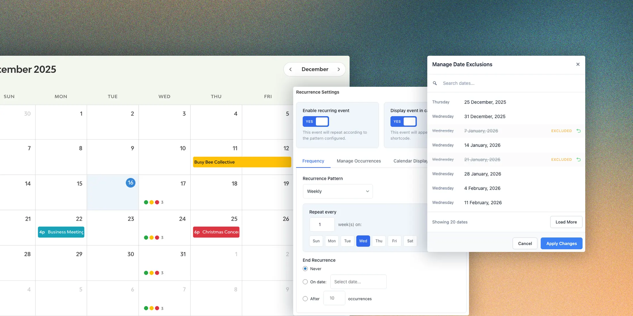 Recurring events for wordpress plugin UI