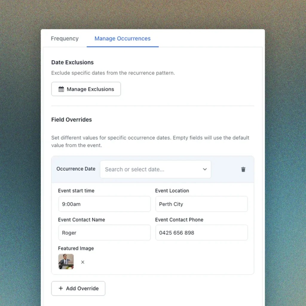 Recurring events occurrence override UI in wordpress plugin