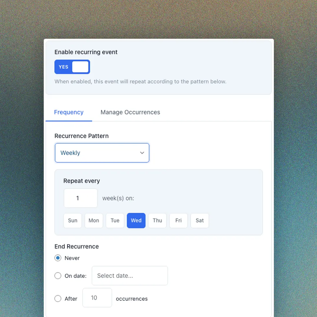 recurring events pattern UI in wordpress plugin